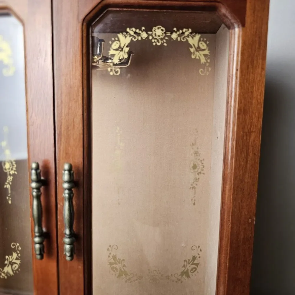 Large Vintage Wooden Jewelry Armoire with Gold-Etched Plexiglass Doors